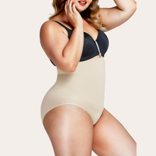 Load image into Gallery viewer, Beige (nude) seamless clip-on panty shapewear. Seamless body shaper girdle that hooks on to the bra. Silicone lining. Keeps it in place will not roll down. Lifts the butt. Will not show through clothing. Control belly fast, smooth love handles. Plus size. USA shipping.