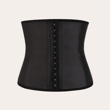 Load image into Gallery viewer, Colombian Long torso black latex waist trainer with three rows of hooks and nine steel bones cinches the waist slims the waist flattens the tummy enhance shape
