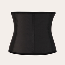 Load image into Gallery viewer, Long torso black latex waist trainer with three rows of hooks and nine steel bones cinches the waist slims the waist flattens the tummy enhance shape
