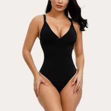 Load image into Gallery viewer, Black bodysuit thong shapewear with adjustable straps. Cinches waist supports bust hook and eye clasp opeing for bathroom access. Thong shapewear sexy outfit women underwear.
