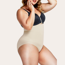 Load image into Gallery viewer, Beige (nude) seamless clip-on panty shapewear. Seamless body shaper girdle that hooks on to the bra. Silicone lining. Keeps it in place will not roll down. Lifts the butt. Will not show through clothing. Control belly fast, smooth love handles. Plus size. USA shipping.
