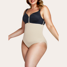 Load image into Gallery viewer, Beige (nude) seamless clip-on panty shapewear. Seamless body shaper girdle that hooks on to the bra. Silicone lining. Keeps it in place will not roll down. Lifts the butt. Will not show through clothing. Control belly fast, smooth love handles. Plus size. USA shipping.
