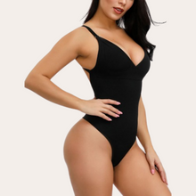 Load image into Gallery viewer, Women black bodysuit thong shapewear with adjustable straps. Cinches waist supports bust hook and eye clasp opeing for bathroom access. Sexy shapewear, comfortable low design, tummy control, low plunging back women shapewear bodysuit.
