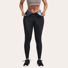 Load image into Gallery viewer, Fat burning sweat leggings neoprene waist hook and eye neoprene blue leggings.Women black corset leggings USA waist trainer long full length pants firm tummy control three rows of hooks lifts buttocks shapes hips and slim thighs enhances curves sexy athlethic wear gym workout attire
