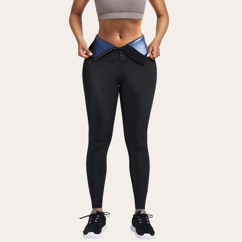 Fat burning sweat leggings neoprene waist hook and eye neoprene blue leggings.Women black corset leggings USA waist trainer long full length pants firm tummy control three rows of hooks lifts buttocks shapes hips and slim thighs enhances curves sexy athlethic wear gym workout attire