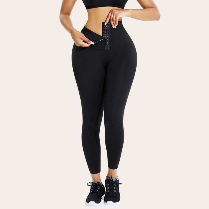 Women black corset leggings USA waist trainer long full length pants firm tummy control three rows of hooks lifts buttocks shapes hips and slim thighs enhances curves sexy athlethic wear activewear women workout gym attire 