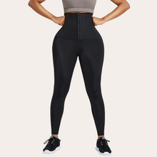 Load image into Gallery viewer, Fat burning sweat leggings neoprene waist hook and eye neoprene blue leggings.Women black corset leggings USA waist trainer long full length pants firm tummy control three rows of hooks lifts buttocks shapes hips and slim thighs enhances curves sexy athlethic wear gym workout attire
