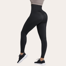 Load image into Gallery viewer, Fat burning sweat leggings neoprene waist hook and eye neoprene blue leggings.Women black corset leggings USA waist trainer long full length pants firm tummy control three rows of hooks lifts buttocks shapes hips and slim thighs enhances curves sexy athlethic wear gym workout attire
