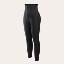 Load image into Gallery viewer, Fat burning sweat leggings neoprene waist hook and eye neoprene blue leggings.Women black corset leggings USA waist trainer long full length pants firm tummy control three rows of hooks lifts buttocks shapes hips and slim thighs enhances curves sexy athlethic wear gym workout attire
